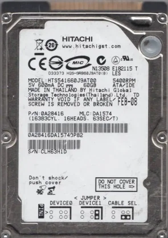 HTS541660J9AT00 - Hitachi Travelstar 5K160 60GB 5400RPM ATA-100 8MB Cache 2.5-inch Hard Disk Drive