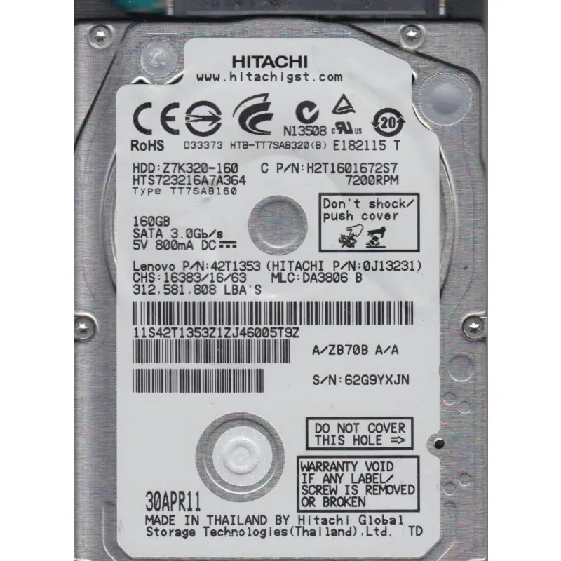 HTS723216A7A364 - Hitachi Travelstar Z7K320 160GB 7200RPM SATA 3GB/s 16MB Cache 2.5-inch Hard Disk Drive