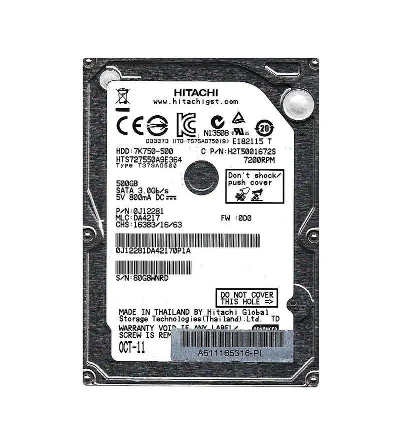 HTS727550A9E634 - Hitachi 500GB 7200RPM SATA 3Gb/s 2.5-inch Hard Drive