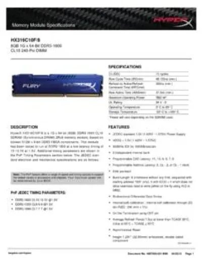 Kingston Technology HX316C10F/4 4GB DDR3-1600MHz PC3-12800 non-ECC Unbuffered CL11 240-Pin DIMM 1.5V Single Rank Memory Module