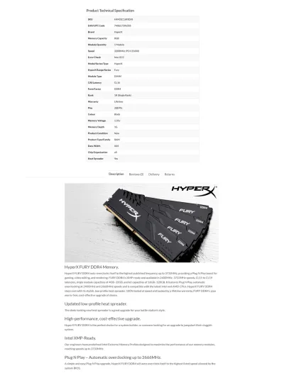 HX432C16FB3/8 Kingston HyperX Fury HX432C16FB3/8 DDR4-3200 8GB/1Gx64 CL16 Memory (Black)