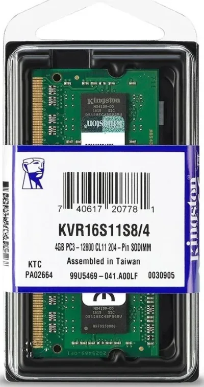 Kingston Technology KAS-N3CS/4G 4GB DDR3-1600MHz PC3-12800 non-ECC Unbuffered CL11 204-Pin SoDimm 1.35V Low Voltage Single Rank Memory Module