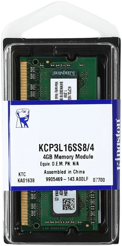 Kingston Technology KCP3L16SS8/4 4GB DDR3-1600MHz PC3-12800 non-ECC Unbuffered CL11 204-Pin SoDimm 1.35V Low Voltage Single Rank Memory Module