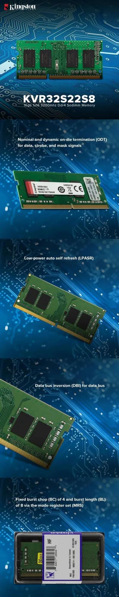 KVR32S22D8/16 Kingston ValueRAM KVR32S22D8/16 DDR4-3200 SODIMM 16GB/2Gx64 CL22 Notebook Memory