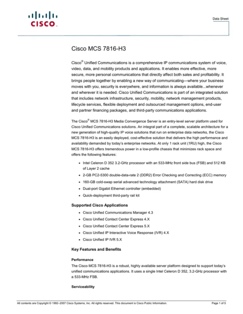 HP MCS-7816-H3-CCX1/IPC1 / Cisco MCS 7816 Intel Xeon 3050 2.13GHz 2GB RAM 160GB Hard Disk Server