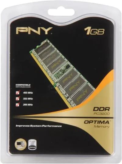 MD1024SD1-400 - PNY Technologies 1GB DDR-400MHz PC3200 non-ECC Unbuffered CL3 184-Pin DIMM 2.5V Single Rank Memory Module