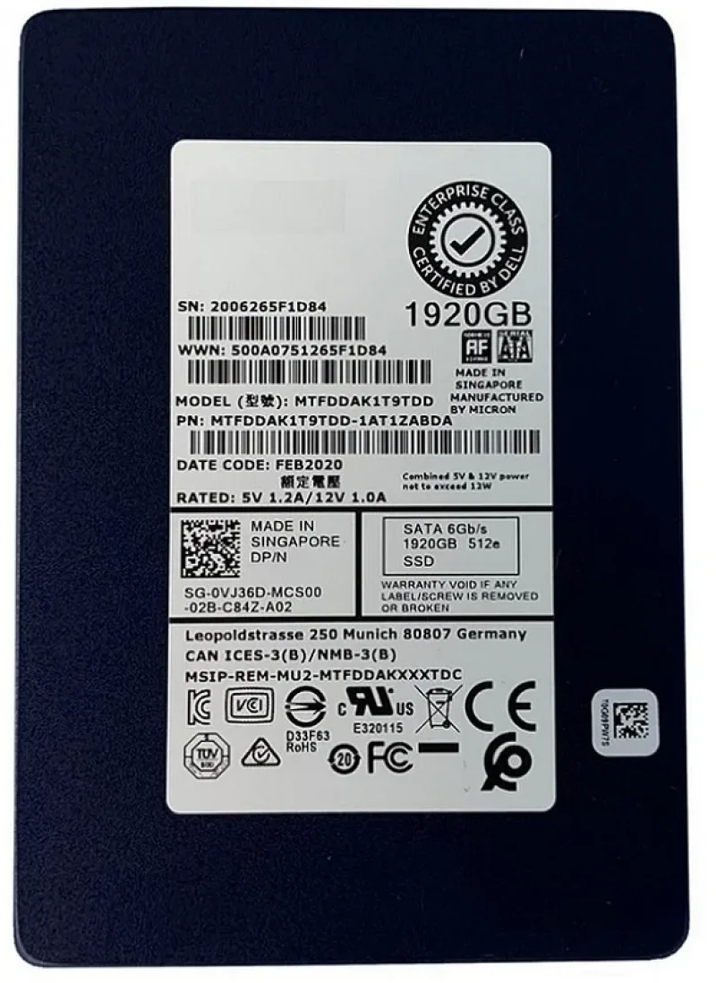 Micron MTFDDAK1T9TDD-1AT1ZABYY 5200 PRO Series 1.92TB Triple-Level Cell SATA 6Gb/s 3D NAND 2.5-Inch Solid State Drive. In Stock