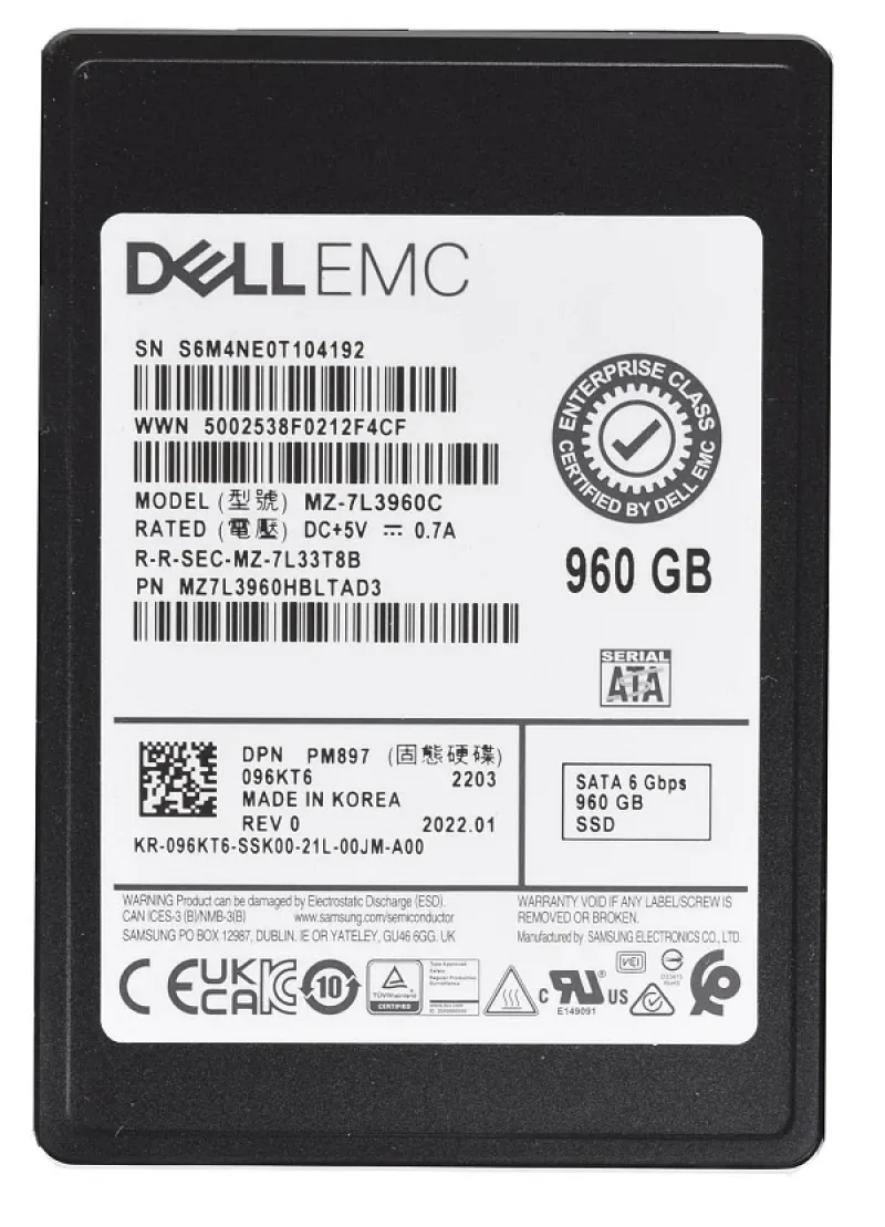 Samsung MZ-7L3960C PM897 960GB Multi-Level Cell 6Gb/s SATA Mixed Use 512 SFF 2.5-Inch Solid State Drive (OEM)