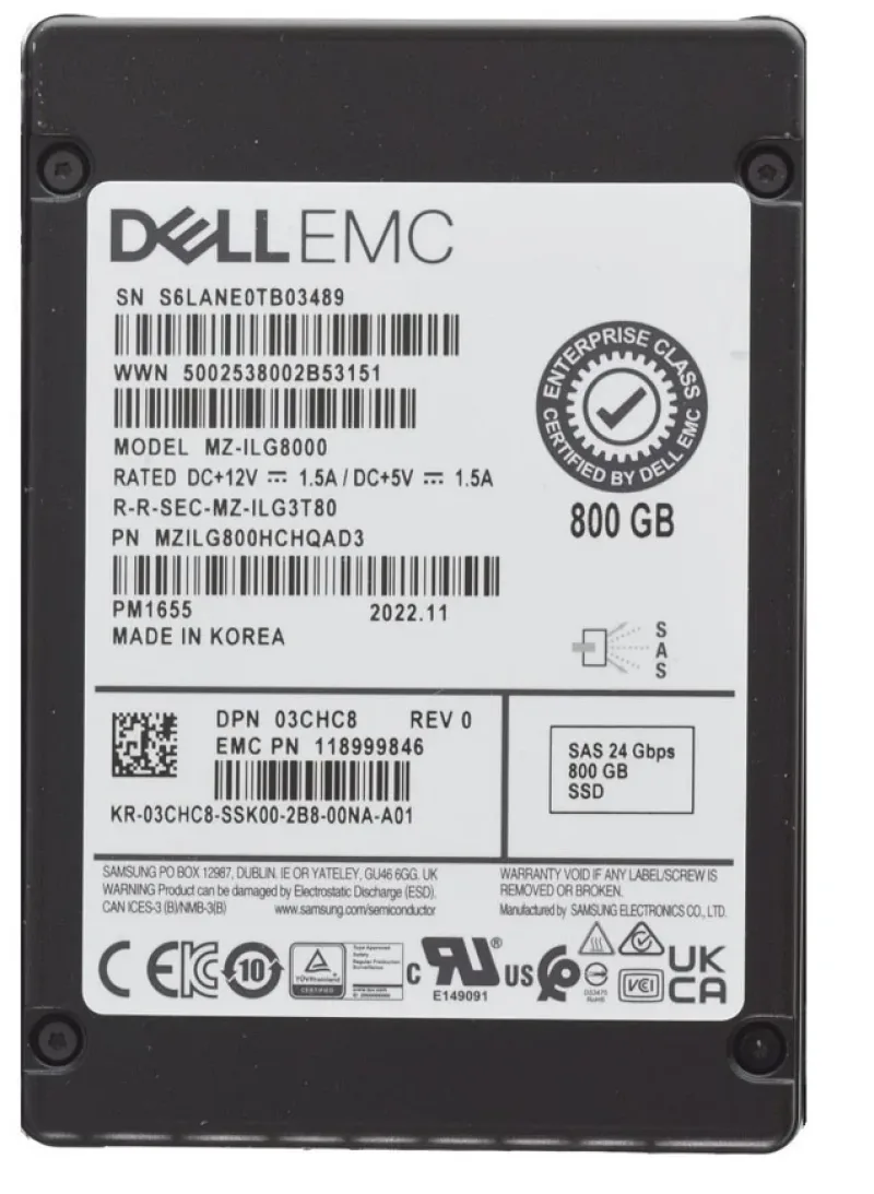 Samsung MZ-ILG8000 Samsung PM1655 800GB V-Nand SAS 24Gb/s 2.5-In SSD Drive Dell Oem