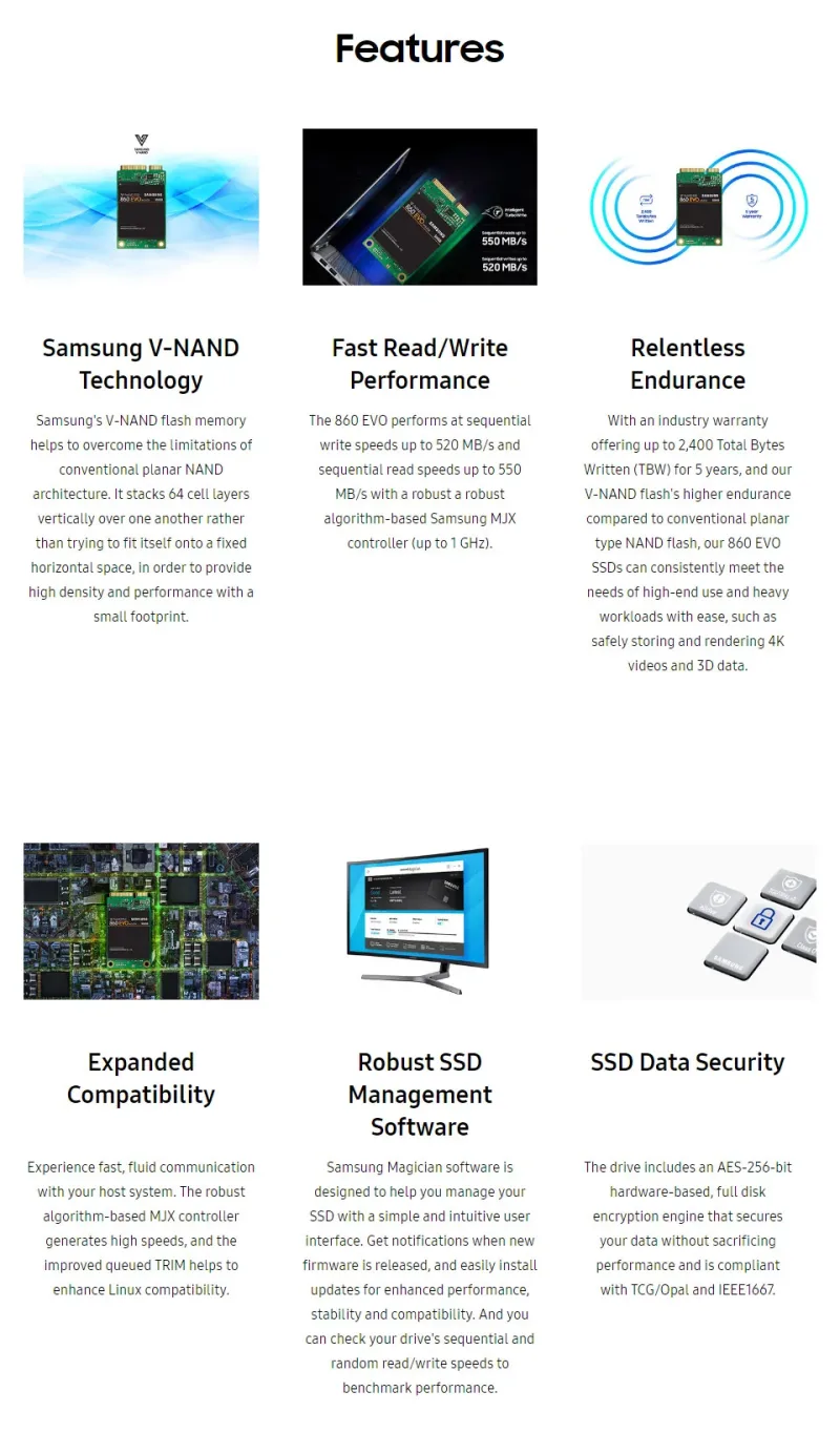 Samsung MZ-M6E1T0B/EC 860 EVO Series 1TB Multi-Level Cell (MLC) SATA 6Gb/s mSATA Solid State Drive