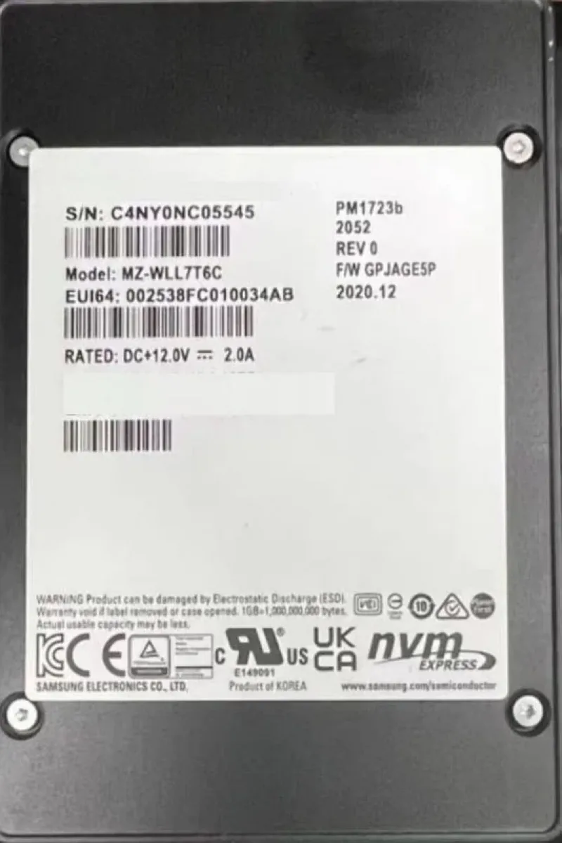 Samsung MZ-WLL15TC PM1723B 15TB PCI Express NVMe 2.5-In Solid State Drive Emc Oem. In Stock