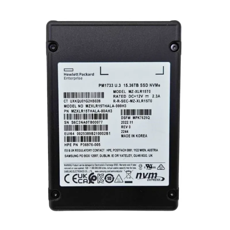 Samsung MZ-XLR15T0 PM1733 15.36TB PCI Express NVMe 4.0 x4 Read Intensive U.3 2.5-Inch Solid State Drive