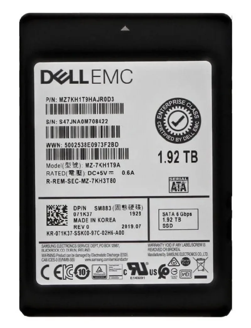 Samsung MZ7KH1T9HAJR0D3 SM883 Series 1.92TB Multi-Level Cell SATA 6Gb/s Mixed Use 2.5-Inch Enterprise Solid State Drive Dell Oem