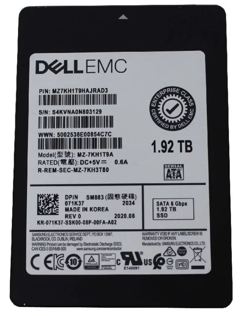 Samsung MZ7KH1T9HAJRAD3 SM883 Series 1.92TB Multi-Level Cell SATA 6Gb/s Mixed Use 2.5-Inch Enterprise Solid State Drive Dell Oem