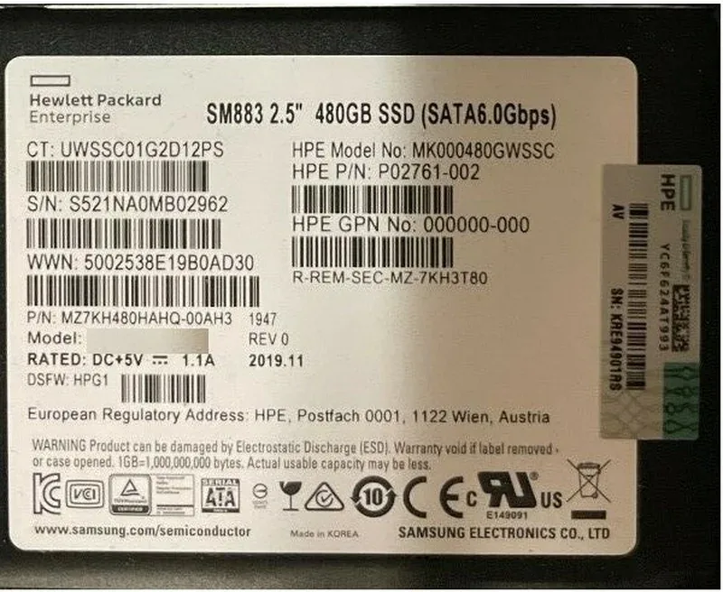 Samsung MZ7KH480HAHQ-00AH3 SM883 Series 480GB Multi-Level Cell SATA 6Gb/s Mixed Use 2.5-Inch Enterprise Solid State Drive Hpe Oem