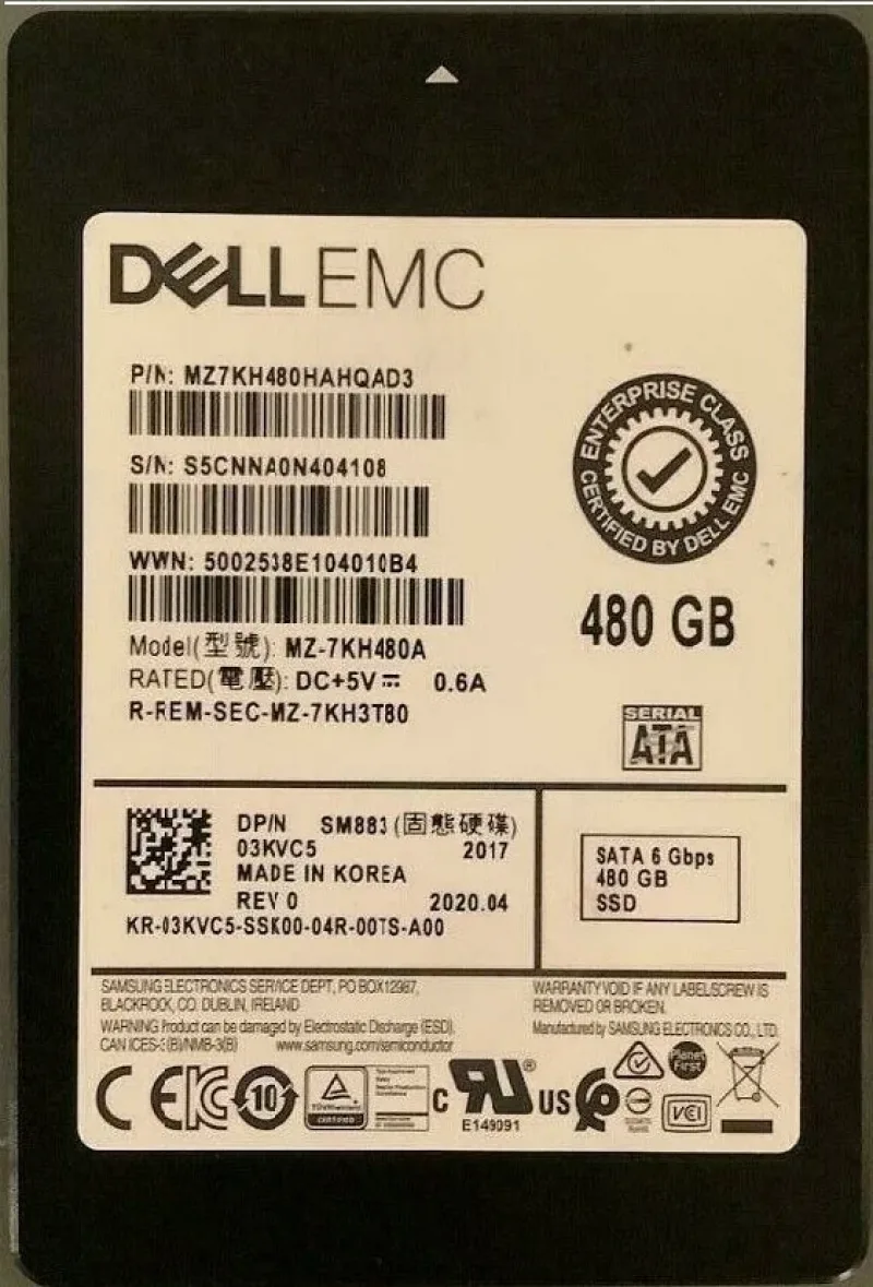 Samsung MZ7KH480HAHQAD3 SM883 Series 480GB Multi-Level Cell SATA 6Gb/s Mixed Use 2.5-Inch Enterprise Solid State Drive Dell Oem