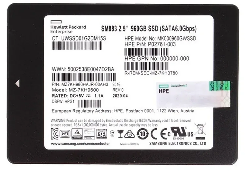 Samsung MZ7KH960HAJR-00AH3 SM883 Series 960GB Triple-Level Cell SATA 6Gb/s Mixed Use 2.5-Inch Enterprise Solid State Drive Hpe Oem
