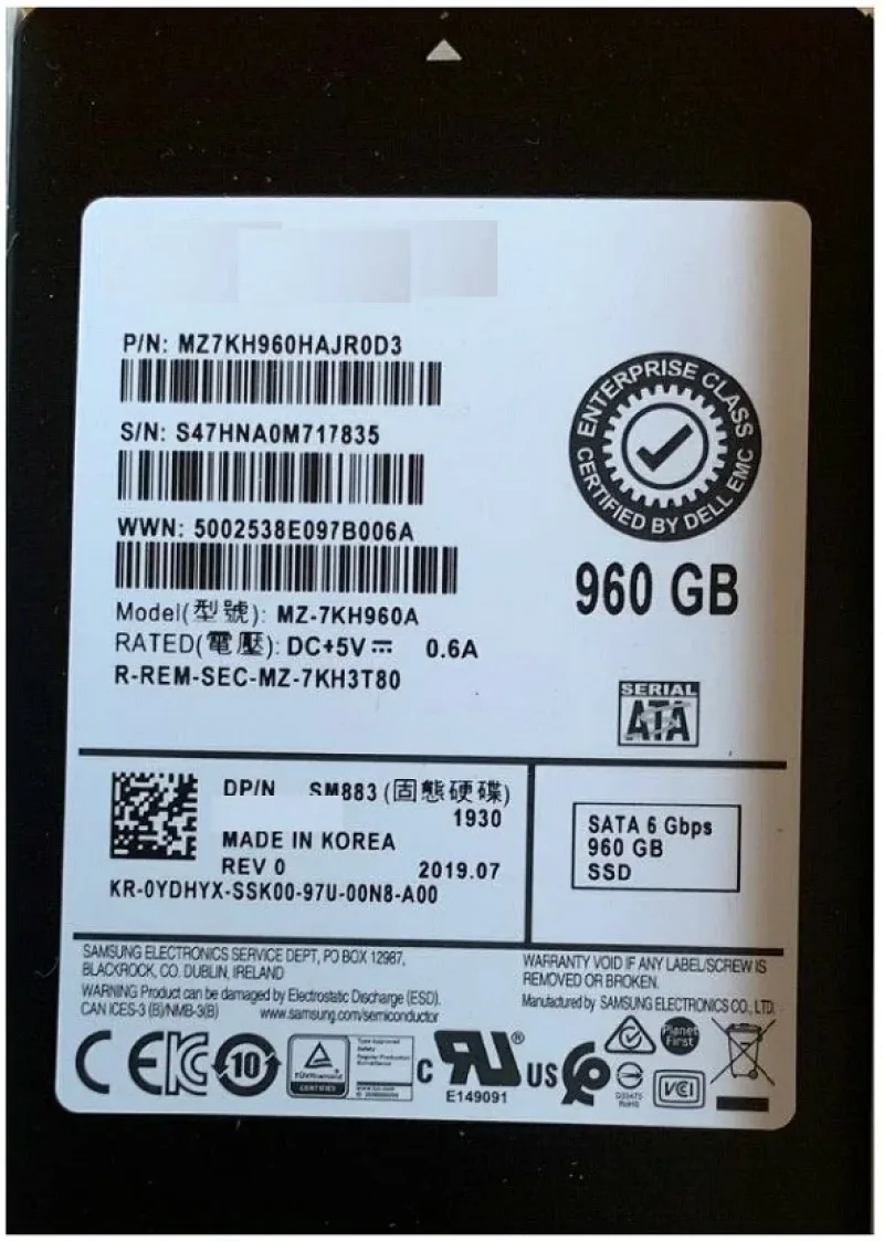Samsung MZ7KH960HAJR0D3 SM883 Series 960GB Triple-Level Cell SATA 6Gb/s Mixed Use 2.5-Inch Enterprise Solid State Drive Dell Oem