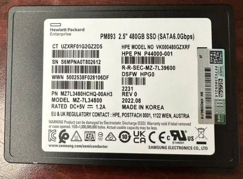 Samsung MZ7L3480HCHQ-00AH3 PM893 480GB Triple-Level Cell 6Gb/s SATA Read Intensive 512 SFF 2.5-Inch Solid State Drive (OEM)