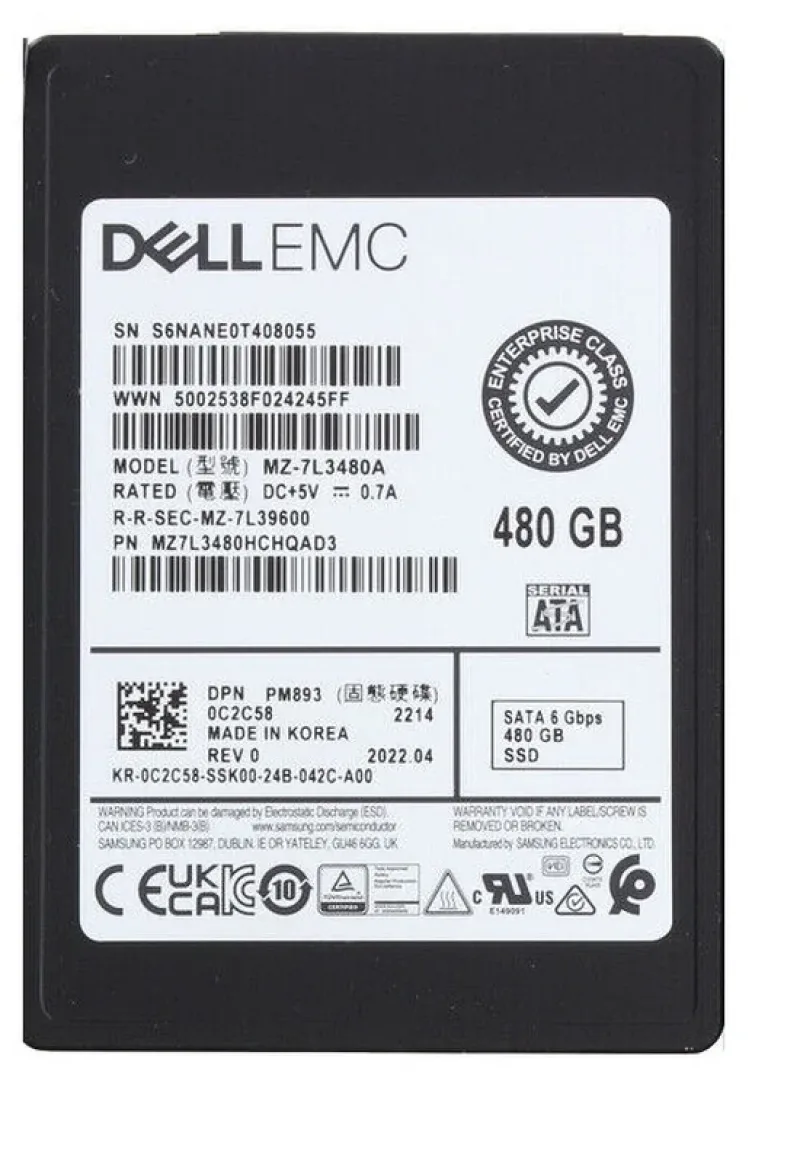 Samsung MZ7L3480HCHQAD3 PM893 480GB Triple-Level Cell 6Gb/s SATA Mixed Use 512 SFF 2.5-Inch Solid State Drive (OEM). In Stock