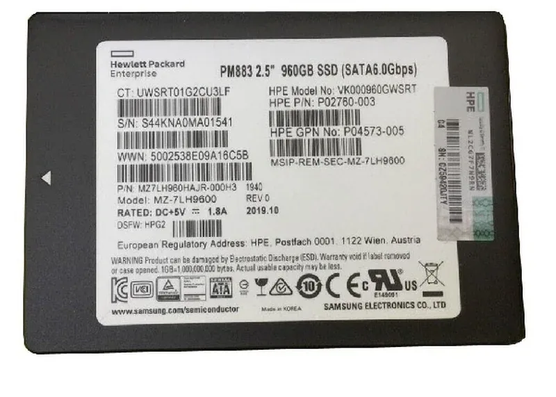 Samsung MZ7LH960HAJR-000H3 960GB SATA 6Gb/s Read Intensive 2.5-Inch Solid State Drive New Pull Hpe Oem