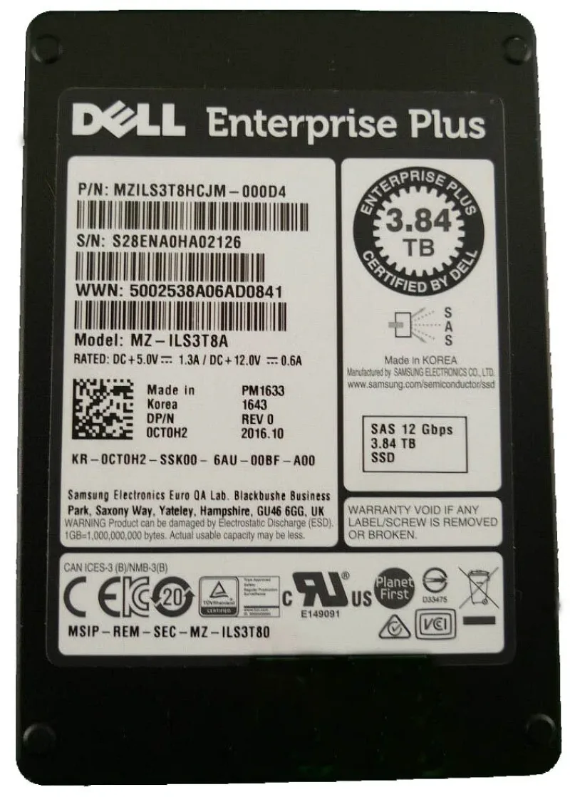 Samsung MZILS3T8HCJM00D4 PM1633 3.84TB Multi-Level Cell 12Gb/s SAS Read Intensive 512e Hot-Pluggable SFF 2.5-Inch Solid State Drive (OEM)
