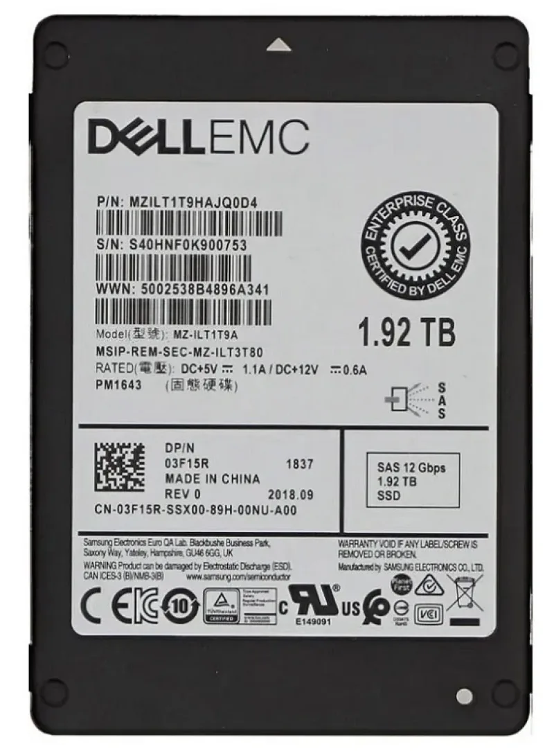 Samsung MZILT1T9HAJQAD4 PM1643 1.92TB Triple-Level Cell 12Gb/s SAS Read Intensive 512e SFF 2.5-Inch Solid State Drive (OEM)