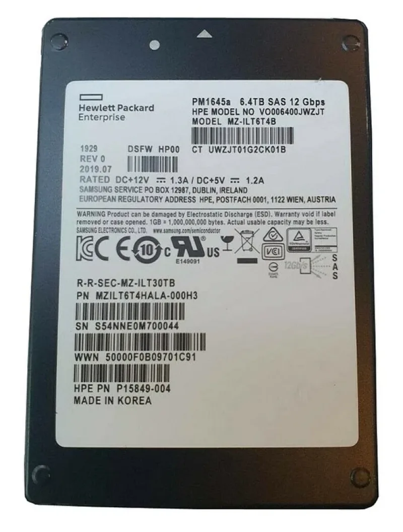Samsung MZILT6T4HALA-000H3 PM1645A 6.4TB 12Gb/s SAS Mixed Use Hot-Swappable SFF 2.5-Inch Enterprise Solid State Drive (OEM)