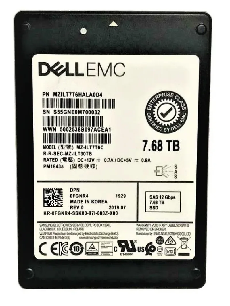 Samsung MZILT7T6HALAAD4 PM1643A 7.68TB Triple-Level Cell 12Gb/s SAS Read Intensive SFF 2.5-Inch Solid State Drive (OEM). In Stock