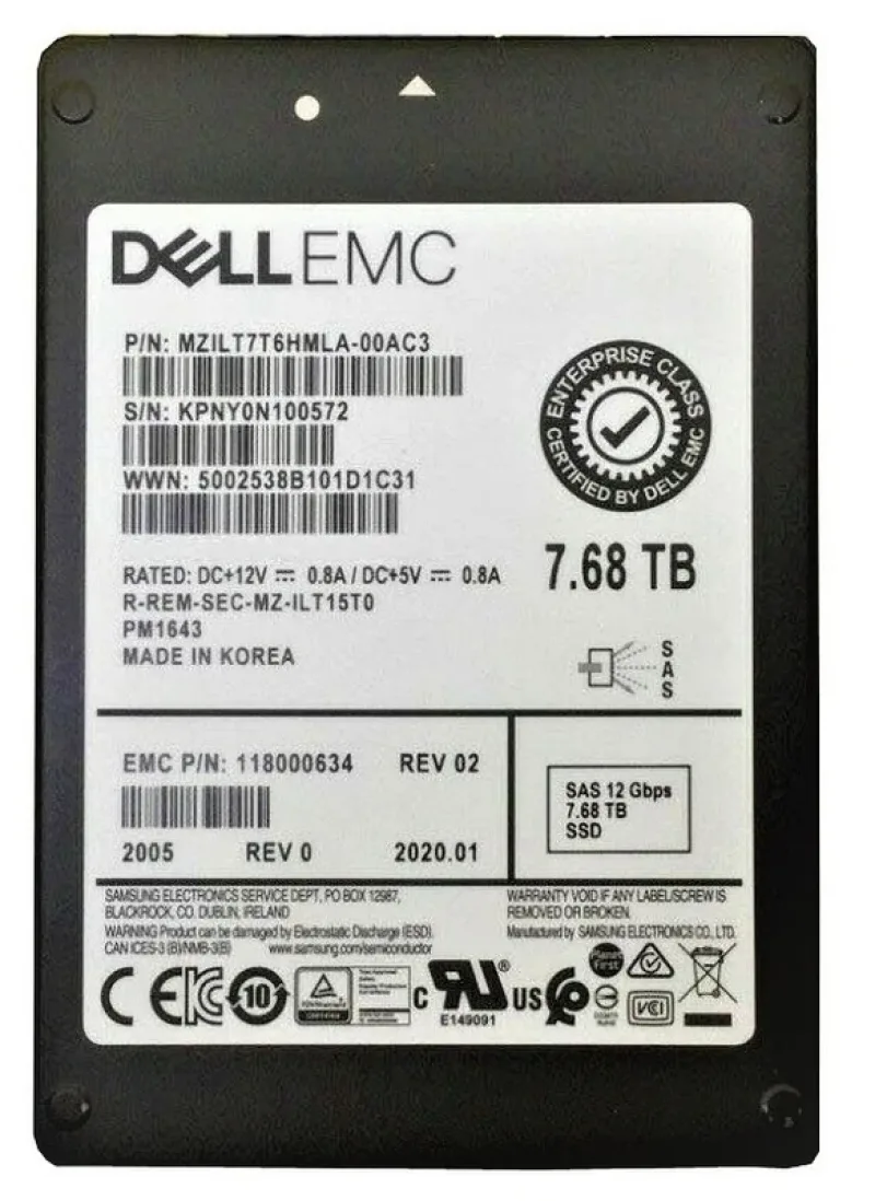 Samsung MZILT7T6HMLA-00AC3 PM1643 7.68TB Triple-Level Cell 12Gb/s SAS 512 SFF 2.5-Inch Solid State Drive (OEM)
