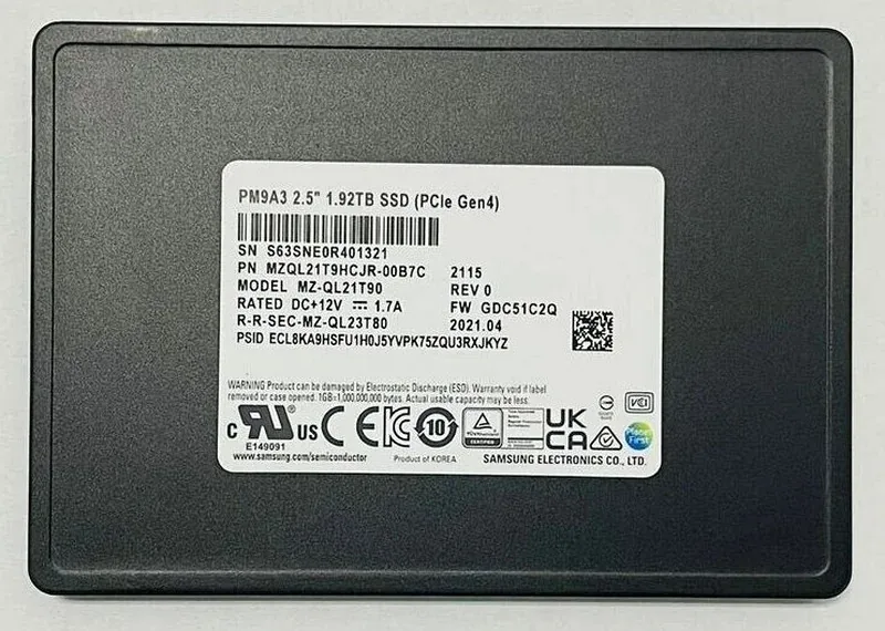 Samsung MZQL21T9HCJR-00B7C PM9A3 Series 1.92TB Triple-Level Cell PCI Express NVMe 4.0 x4 V NAND U.2 2.5-Inch Solid State Drive