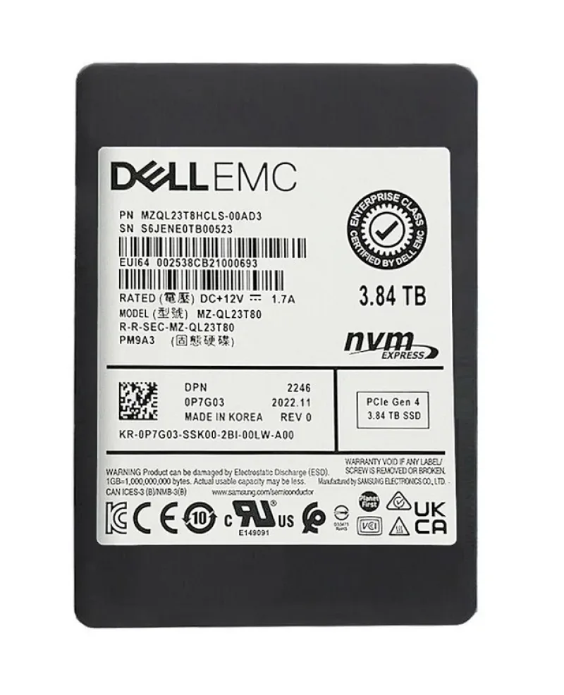 Samsung MZQL23T8HCLS-00AD3 PM9A3 3.84TB Multi-Level-Cell PCI Express NVMe 4.0 x4 2.5-In Solid State Drive Dell Oem. In Stock