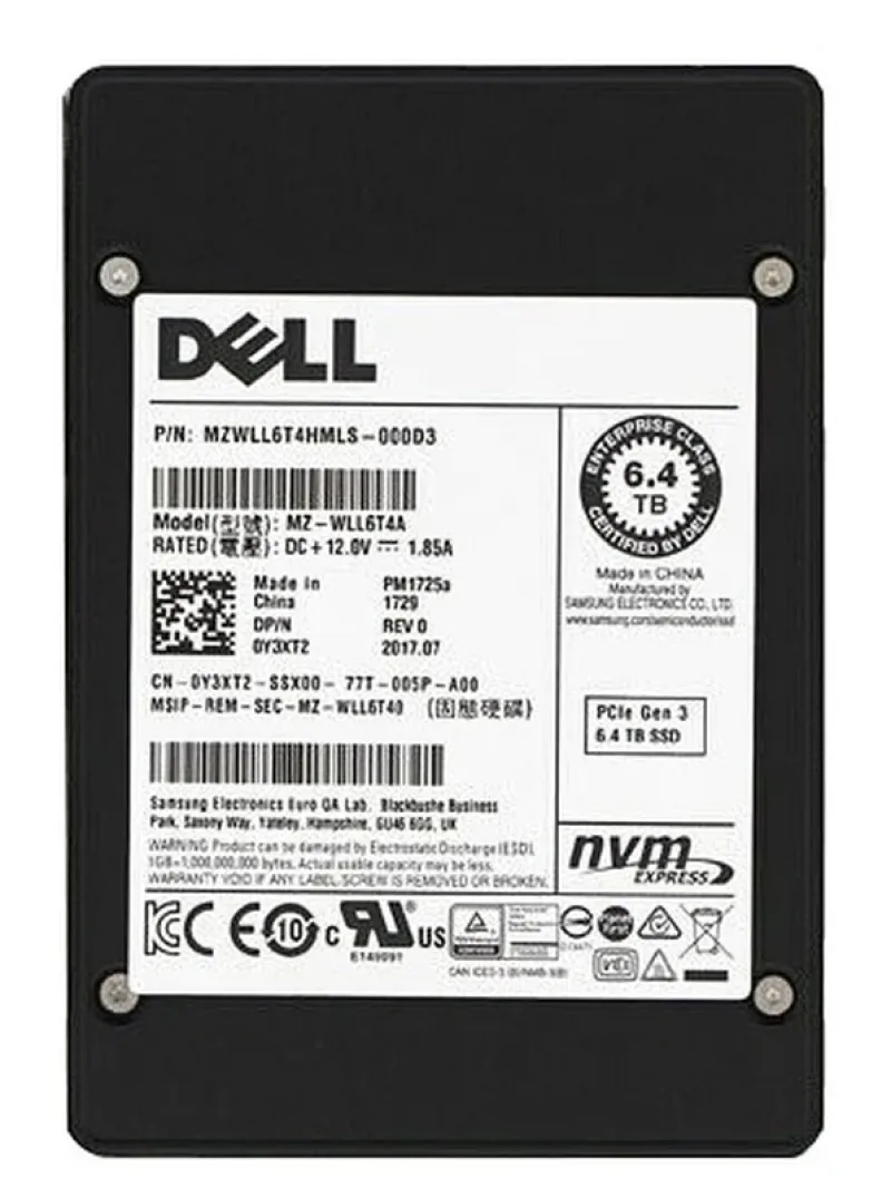 Samsung MZWLL6T4HMLS-000D3 PM1725A Seires 6.4TB Triple-Level Cell PCI Express NVMe 3.0 x4 Mixed Use U.2 2.5-Inch Solid State Drive Dell Oem