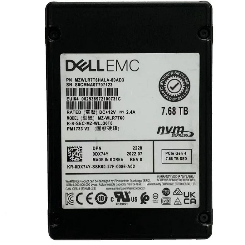 Samsung MZWLR7T6HALA-00AD3 PM1733 7.68TB PCI Express NVMe 4.0 x4 SFF 2.5-Inch Solid State Drive (OEM)