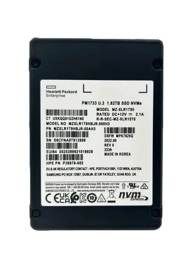 Samsung MZXLR1T9HBJR-000H3 PM1733 1.92TB PCI Express NVMe 4.0 x4 Read Intensive 2.5-In Enterprise Solid State Drive Hpe Oem. In Stock