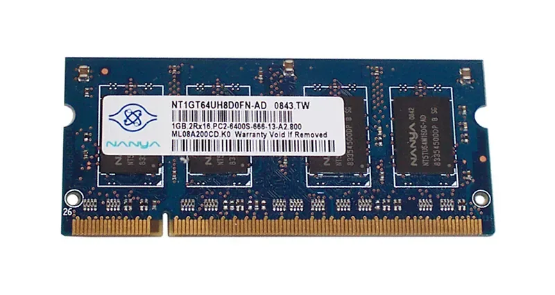 NT1GT64UH8D0FN-AD - Nanya 1GB DDR2-800MHz PC2-6400 non-ECC Unbuffered CL6 200-Pin SoDimm 1.8V Memory Module