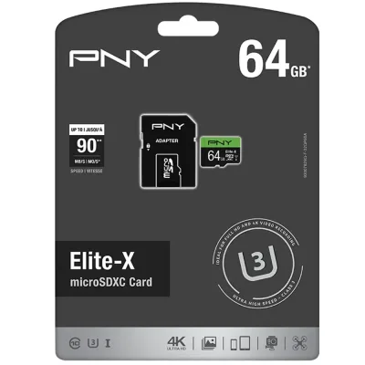 P-SDU64U390EX-GE - PNY Elite-X 64GB Class 10 microSDXC Flash Memory Card