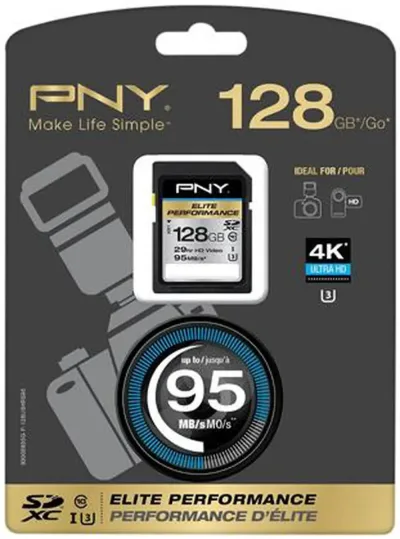 P-SDX128U395-GE - PNY Elite Performance 128GB Class 10 SDXC UHS-I U3 Flash Memory Card