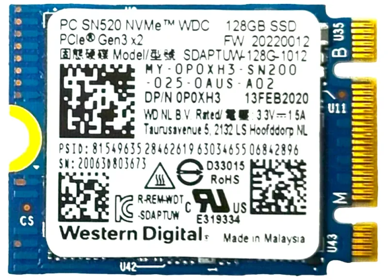 Dell P0XH3 Dell 0P0XH3 / P0XH3 128GB PCI Express NVMe 3.0 x2 M.2 2230 Solid State Drive. In Stock