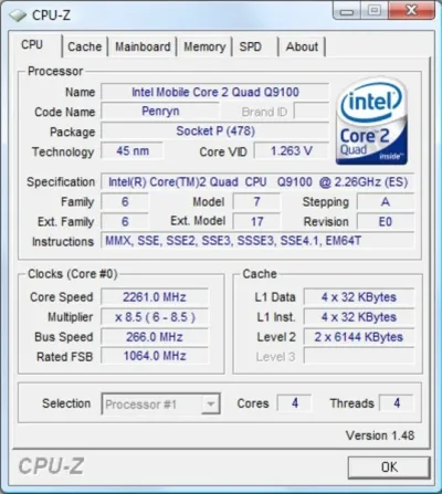 Q9100 - Intel Core 2 Quad 2.26GHz 1066MHz FSB 12MB L2 Cache Notebook Processor