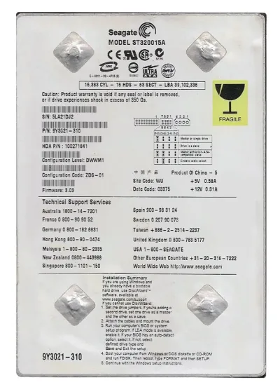 ST320015A - Seagate BarraCuda 5400.1 20GB 5400RPM IDE Ultra ATA/100 (ATA-6) 2MB Cache 3.5-inch Hard Drive