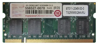 TS256MSQ64V6U-D - Transcend 2GB DDR2-667MHz PC2-5300 non-ECC Unbuffered CL5 200-Pin SoDimm Dual Rank Memory Module