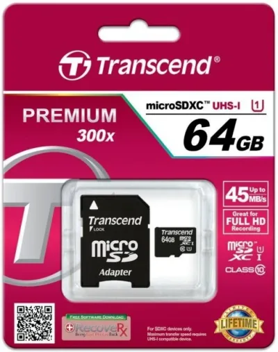 TS64GUSDU1-B2 - Transcend Premium 64GB 300x Class 10 microSDXC UHS-I Flash Memory Card