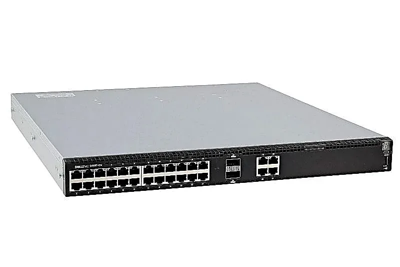 Dell V1KFX Dell 0V1KFX / V1KFX PowerSwitch S4128T-ON 28x Ports 10GBase-T 2x QSFP28 Ports 2x AC PSU 4x Fan Module I/O Panel to PSU Airflow Managed 1U Rack-mountable Gigabit Ethernet Network Switch. In