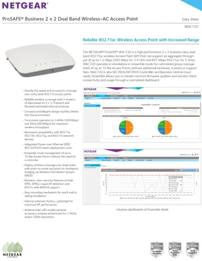 WAC720-100NAS - Netgear PROSAFE BUSINESS 2 X 2 DUAL BAND WIRELESS-AC ACCESS POINT WAC720 - Wireless Access Point(WAC720-100NAS)