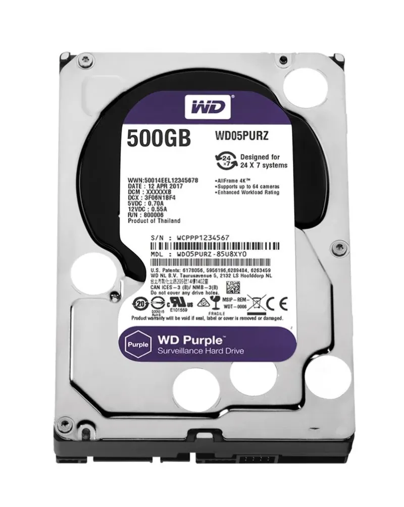 WD05PURZ - Western Digital Purple 500GB 5400RPM SATA 6Gb/s 64MB Cache 3.5-inch Surveillance Hard Drive