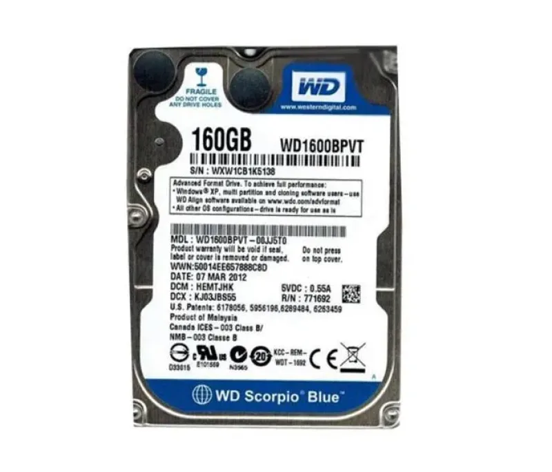 WD1600BPVT-00JJ5T0 - Western Digital Scorpio Blue 160GB 5400RPM SATA 3Gb/s 8MB Cache 2.5-inch Hard Drive