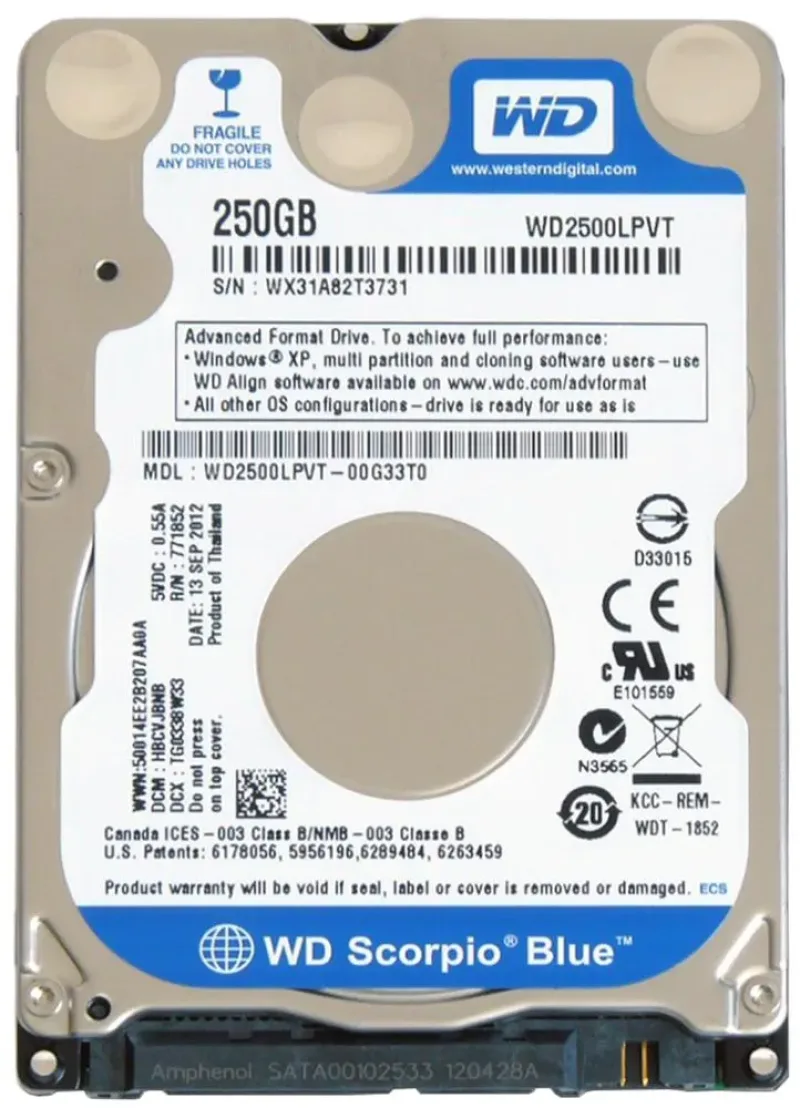 WD2500LPVT-00G33T0 - Western Digital Scorpio Blue 250GB 5400RPM SATA 3Gb/s 8MB Cache 2.5-inch Hard Drive