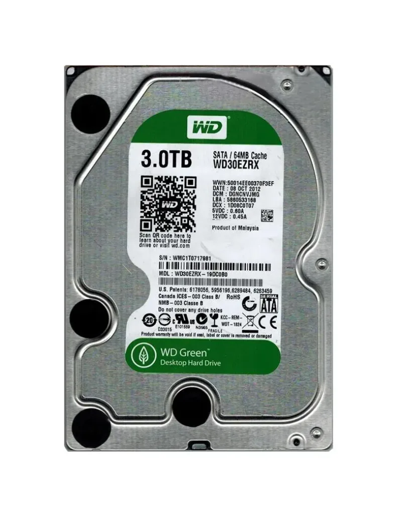 WD30EZRX-19DC0B0 - Western Digital Green 3TB 5400RPM SATA 6Gb/s 64MB Cache 3.5-inch Hard Drive
