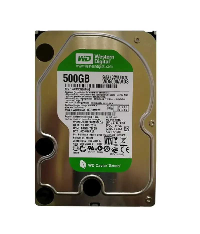 WD5000AADS-11M2B3 - Western Digital Caviar Green 500GB 7200RPM SATA 3Gb/s 7-Pin 32MB Cache 3.5-inch Hard Drive